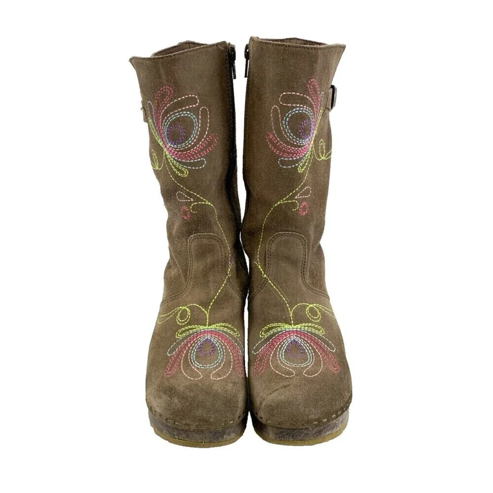 BOGO Hanna Andersson Brown Suede Boot Zip Embroidered Wooden Youth 38 5.5 W 7.5